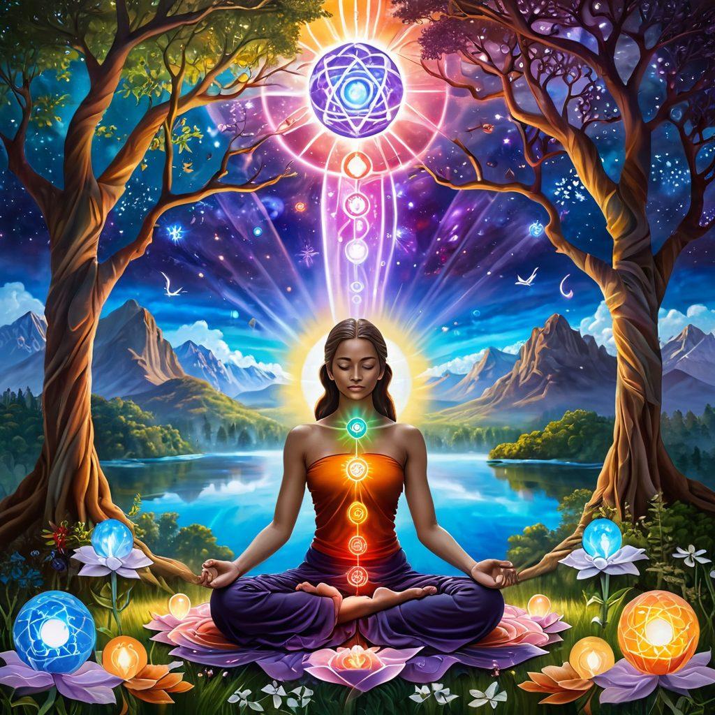 A serene landscape with radiant orbs of light symbolizing healing energy, intertwined with soft, flowing ribbons representing emotional connections. Ethereal figures meditating amidst the vibrant colors of nature, surrounded by symbols of metaphysics like chakras and sacred geometry. The atmosphere should evoke a sense of tranquility and devotion. mystical, vibrant colors, painting.