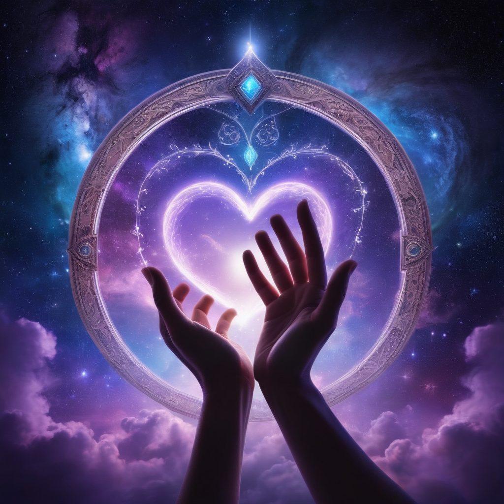 A mystical scene featuring a shadowy figure with glowing hands, reaching out towards intertwined hearts infused with ethereal light. The background is filled with swirling galaxies and cosmic symbols, depicting a journey through love and understanding. Soft, dreamy colors like lavender and deep blue enhance the magical atmosphere. Include symbols of psychic abilities like crystal balls and tarot cards subtly integrated into the scene. surreal art. vibrant colors. 3D.