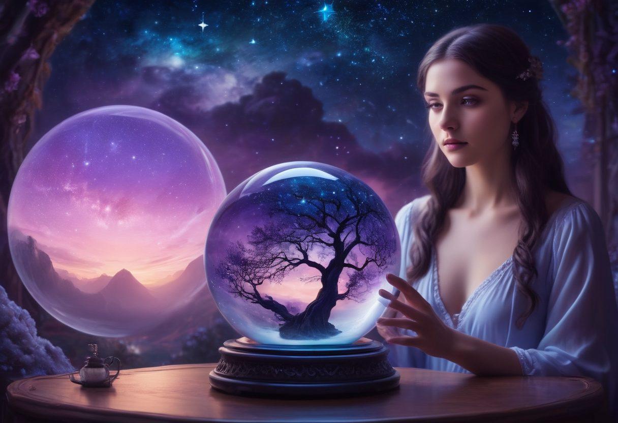 A mystical scene depicting a clairvoyant woman with glowing eyes gazing into a crystal ball, surrounded by swirling energies symbolizing telepathy and connection. In the background, silhouettes of couples are intertwined, representing soulmates, under a starry sky filled with constellations that suggest love and destiny. Soft ethereal lights and a tranquil color palette of purples and blues enhance the atmosphere of spiritual guidance. surrealistic, vibrant colors, dream-like ambiance.